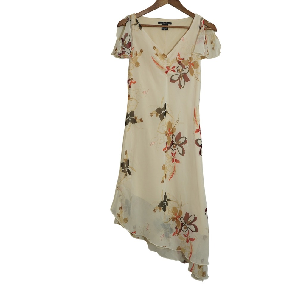 Vintage Y2K 90s Cream Floral Midi Dress Handkerchief Hem Flutter Sleeve Flowy